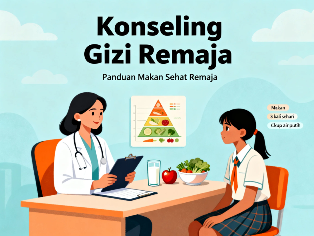 Ilustrasi "Konseling Gizi Remaja: Panduan Makan Sehat Remaja". Seorang ahli gizi/dokter perempuan berkonsultasi dengan seorang siswi remaja, didampingi piramida makanan dan makanan sehat (susu, apel, sayuran). Terdapat teks singkat: Makan 3 kali sehari, Cukup air putih.